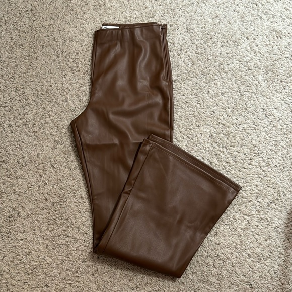 NWT BROWN FAUX LEATHER FLARED PANTS - Picture 1 of 4